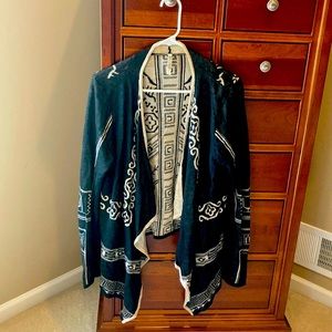 Monoreno open front cardigan, black and khaki, size large, 68% linen,32% viscose